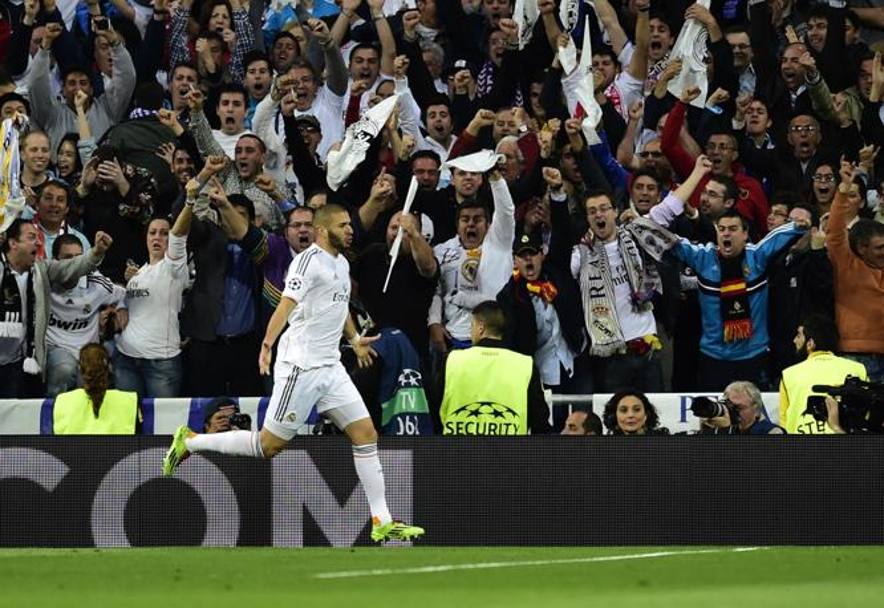 La gioia di Benzema, al 5 centro in 9 partite di Champions disputate quest&#39;anno. Afp